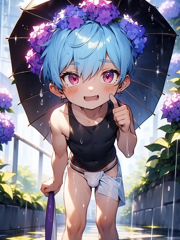 ((solo)), (boldline:-1.6), (holding see throgh umbrella:1.6), (arched back:1.3), ((bubble)), (standing:1.5), (((fang))), (((best finger))), BREAK (best quality:1.5), (absolutely resolution:1.5), (ultra detailed:1.5), (masterpiece:1.5), (perfect face:1.5), (detailed face:1.3), (detailed eyes:1.5), (best eyes:1.5), (cute face), (shota:2), BREAK (black tank top:1.5), BREAK (white loincloth:1.5), (see throgh wet clothes:1.5), (bulge:1.6), (skinny:1.3), BREAK (light blue hair:1.5), ((spiked hair)), BREAK (wine red eyes:1.4), (eyes with highlight:1.6), ((mole under eye)), (sweaty skin), (chuckling:1.5), ((earrings)), (shiny skin:1.3), BREAK (garden), (purple hydrangea on ground:1.4), (heavy rain:1.3), ((wind blowing)), ((nipple)), (abs), groin, water splashing, from below,