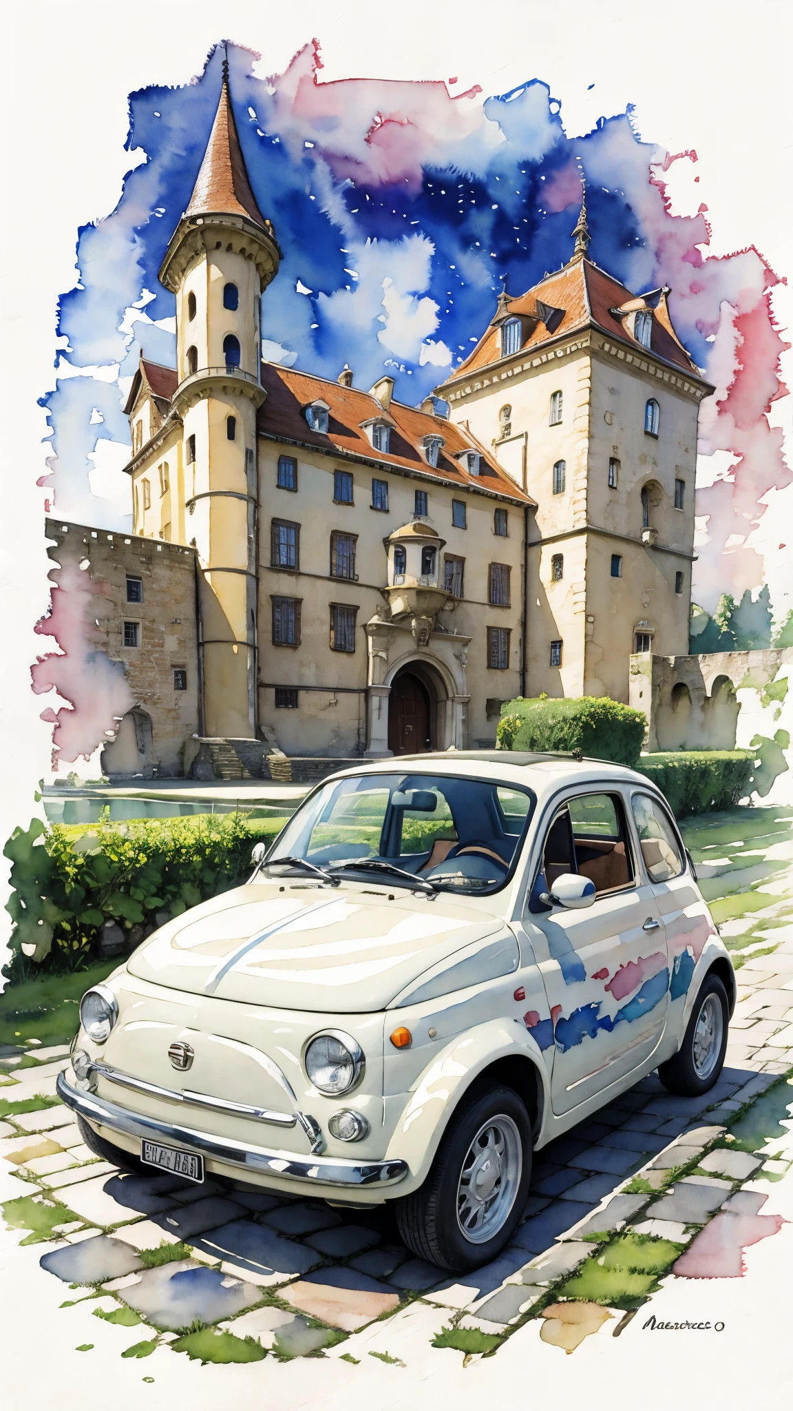 (masterpiece:1.2, Highest quality),(Very detailed),(((watercolor))),8K,wallpaper,Cream-colored Fiat 500,With the castle in the background,Night Sky,(((Ghibli style))),透明watercolor