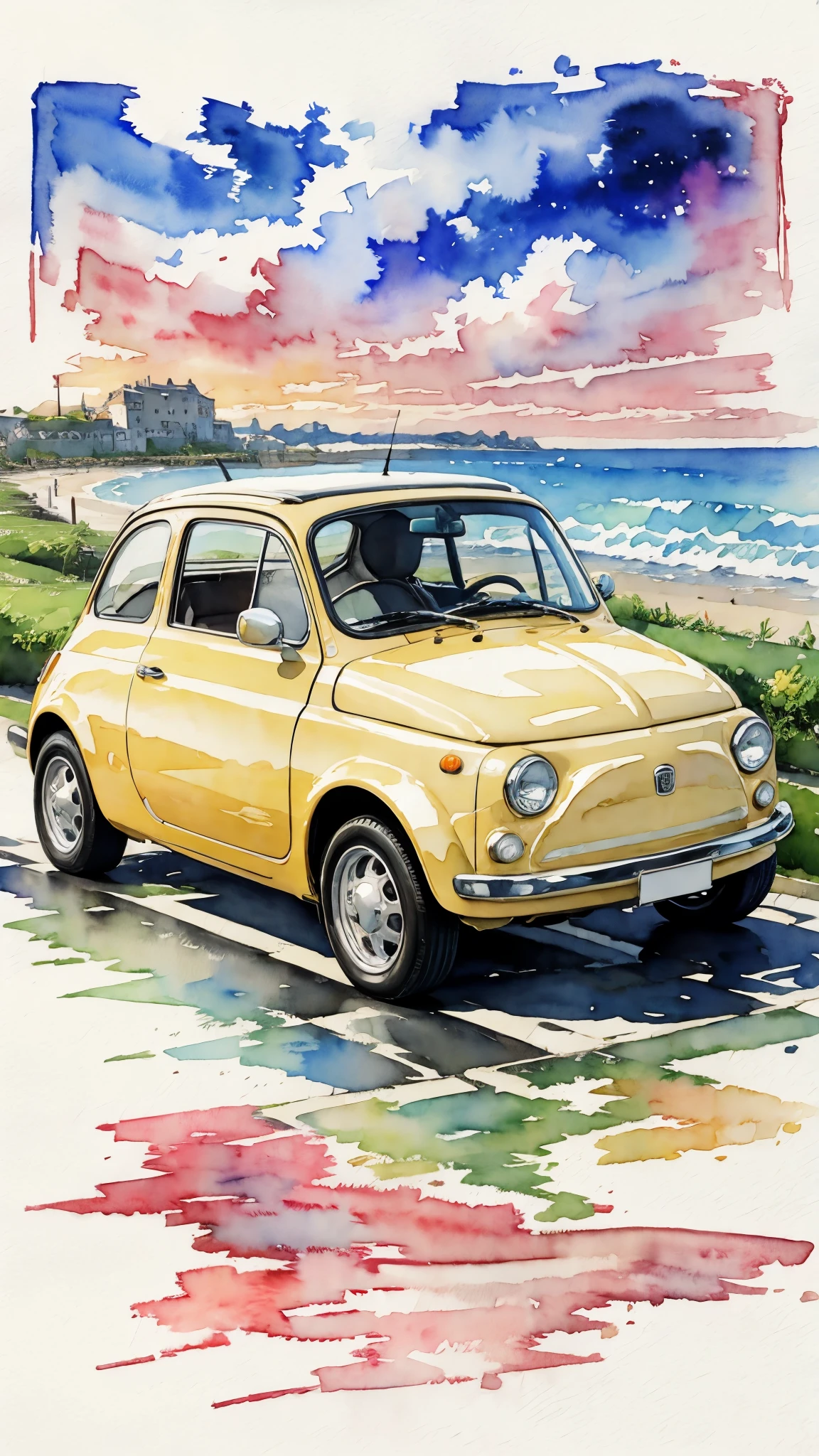 (masterpiece:1.2, Highest quality),(Very detailed),(((watercolor))),8K,wallpaper,A cream-colored Fiat 500 driving along the seaside,Night Sky,(((Ghibli style))),透明watercolor