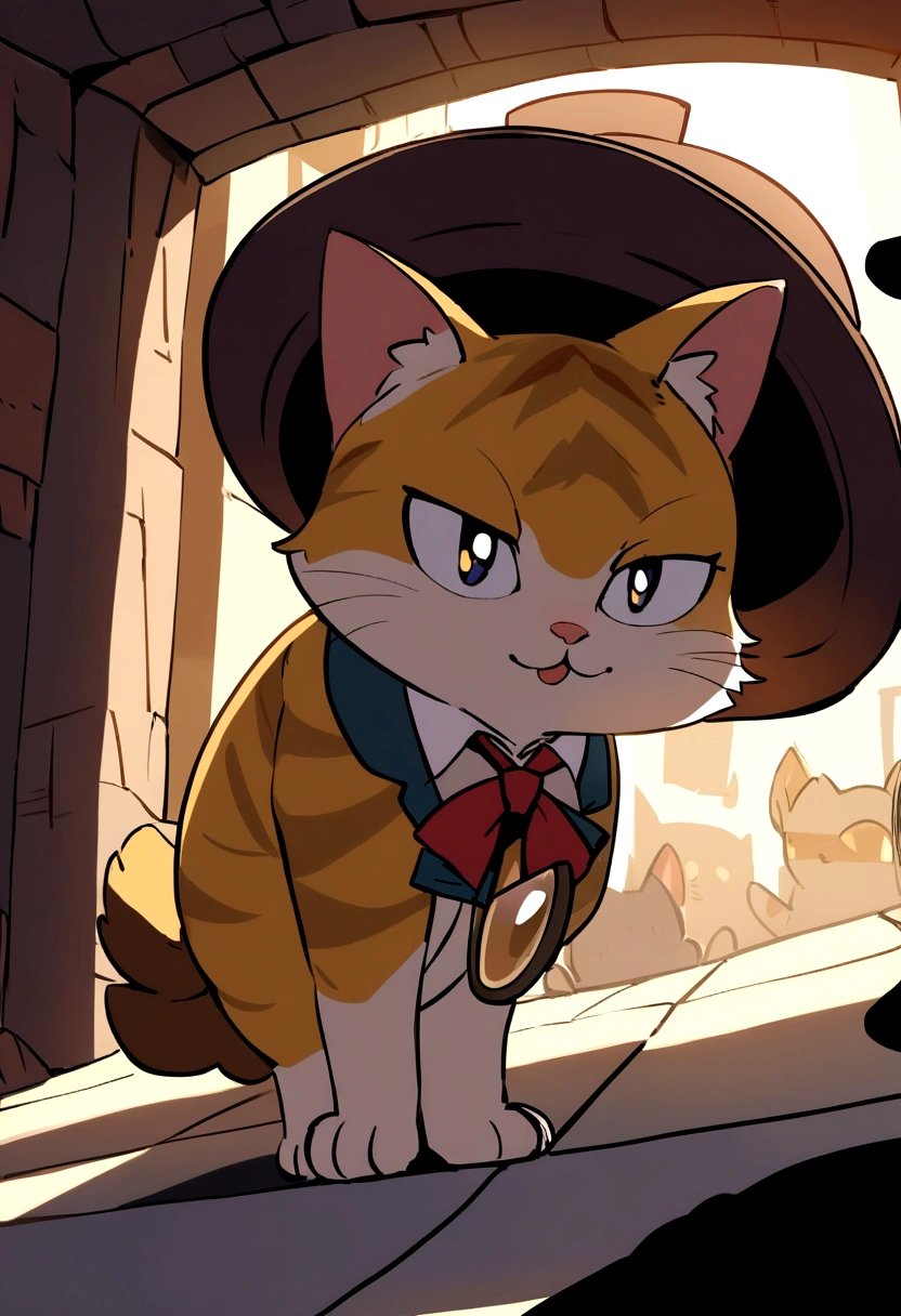 A determined detective cat carefully examining the ground with a magnifying glass, close-up on its face showing a focused expression. The scene is in a dimly lit corner of a street, with shadowy figures and a few scattered clues like feathers or small paw prints. The cat's detective hat and a slight glint in its eyes add to the investigative atmosphere.
---
Style: Cartoon, with a detailed and immersive background
Details: Highlight the cat's concentration and the small clues scattered around. Use intricate details in the shadows and objects to create a sense of depth and engagement.
