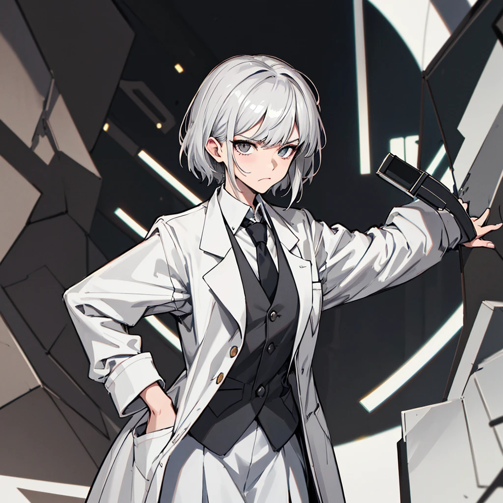 (absurdres, 8k, 4k, masterpiece, hyper extreme detailed:1.2), solo, 1girl, side view, perfect face, 1girl, portrait, looking at viewer, solo, standing, Female, Mature Female, short hair, white hair, white skirt, button shirt, white vest, gray tie, tired, fatigue, annoyed, dissatisfied, arms in front, holding phone in right hand, left hand on hip, bored, science, smart, genius, intelligent, scientist, lab_coat, white labcoat, swept bangs, bored, frown, gray eyes, silver eyes, looking down, lab background, room background, best anatomy, standing, half body,