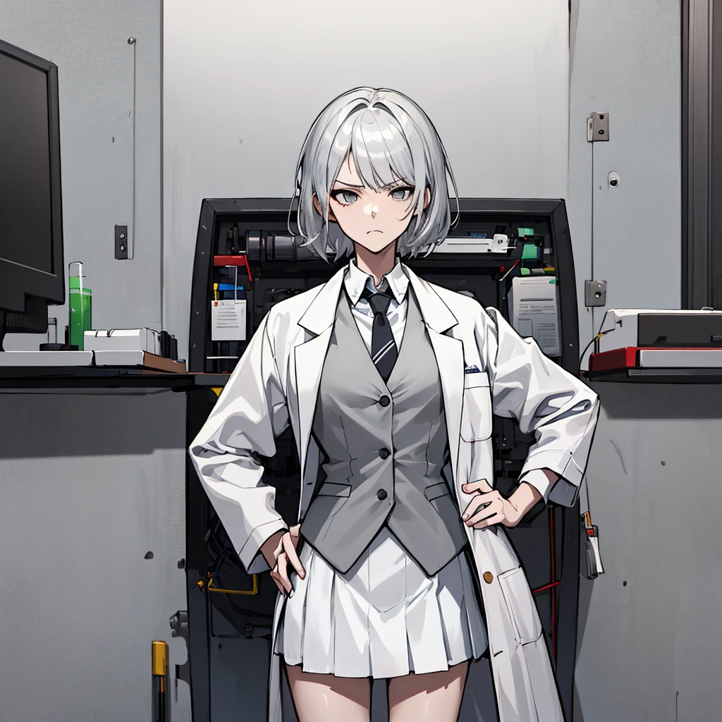 1Women,(Long white hair)،(Lab coat),(Red eyes),(Big breasts),( black women's long stocking),(Tight skirt),(Expressionless face), (masterpiece:1.5), (8k details:1.3), (unlimited details:1.2), (best eyes:1.4), (ultra clothes details:1.3), (highly detailed background), (vibrant colors), (dynamic lighting), (realistic skin texture), (intricate patterns), (sharp focus), (full-body view), (natural poses), (expressive emotions), (cinematic composition),(standing in a medical laboratory),(wears a black shirt)