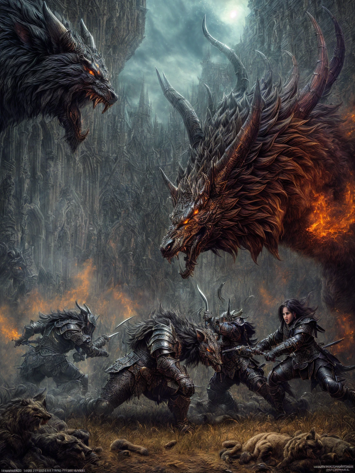 Norse, ancient city, on fire, war between angels in armor and monsters --- demons--an infestation of monsters with wings and horns--people fleeing--- HDR movie scene--MAXIMUM quality -- hyper-realism--maximum deralhes --Realism