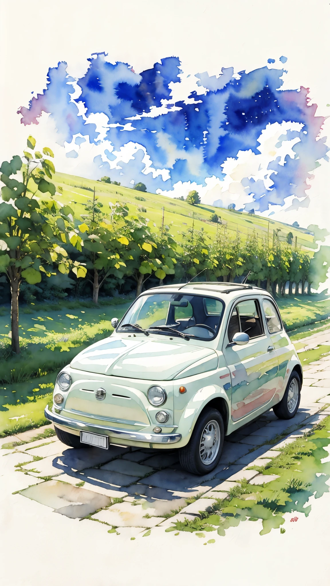 (masterpiece:1.2, Highest quality),(Very detailed),(((watercolor))),8K,wallpaper,A cream-colored Fiat 500 driving through the countryside,Night Sky,(((Ghibli style))),透明watercolor