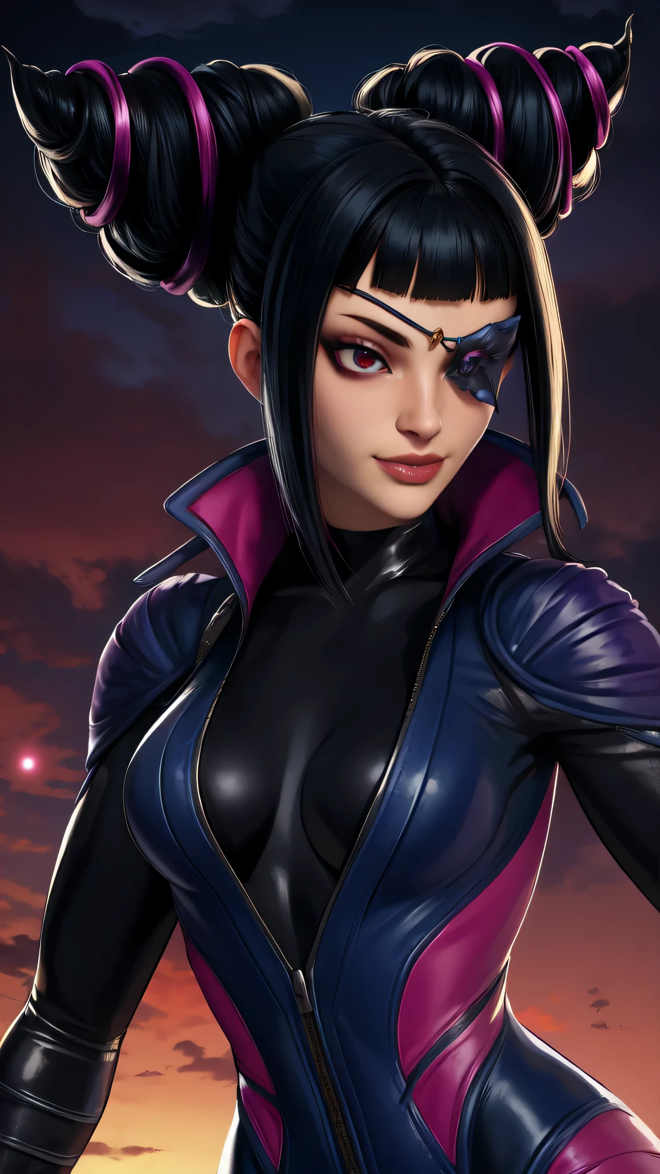Juri , black hair,two-tone hair, hair horns, purple eyes, eyepatch,
bodysuit, clothing cutout,
standing, upper body, evil smile,
night club,
(insanely detailed, beautiful detailed face,beautiful detailed eyes, masterpiece, best quality) , solo, dinamic poses, shinning eyes