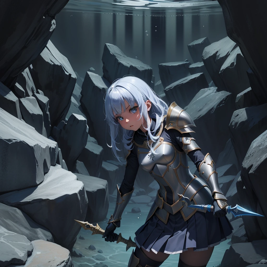 最high quality、high quality、Simple Cloth Armor、10Year-old girl adventurer、Pitch-dark underground labyrinth、No light、skirt、Equipped with a dagger and a shield, Lower body underwater, Underwater photography、浮力でskirt捲れる