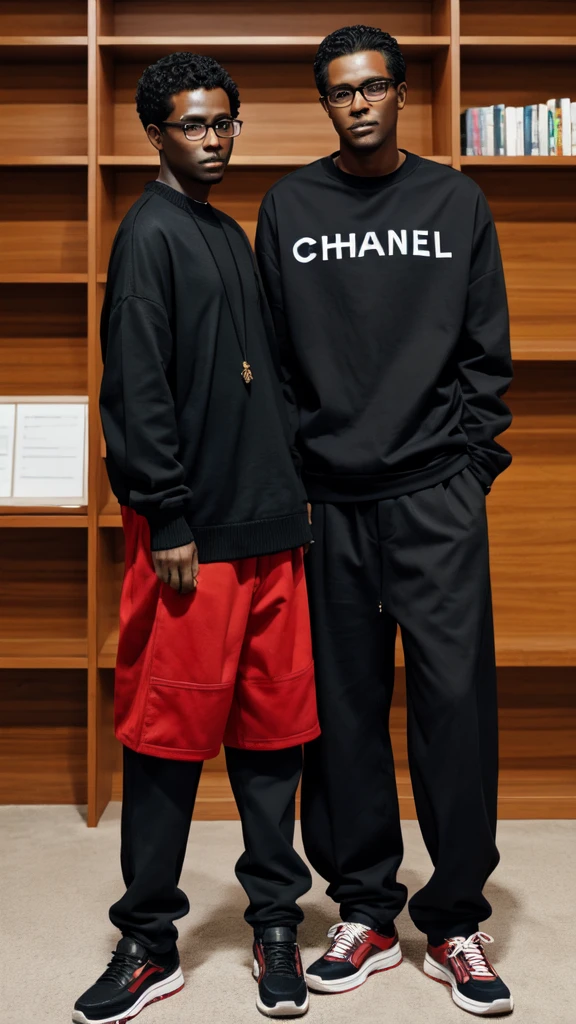  with red over-the-shoulder Chanel hair who wears glasses and baggy clothes and a dark-skinned male friend who wears glasses, with everyday clothes, They're together