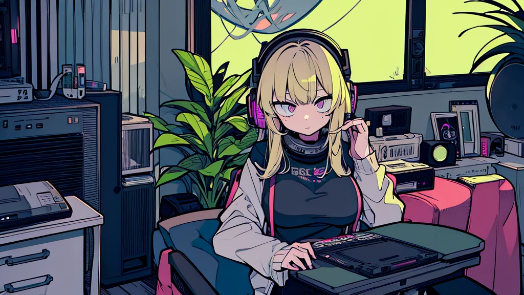 Best quality, (masterpiece:1.2), best detail face, 1 girl, big breasts, 18 yo, 8k,absurdres,unity 8k wall paper,(extremely detailed:1.3), highest realistic, (simple headphones:1.1), (soft neon light:1.1), (floating hair:1.2), (psychedelic:1.2), Her room full of music equipment and plants, Leaning back on the chair with a casual attitude, Light clothing in summer, dark color palette, blonde hair
