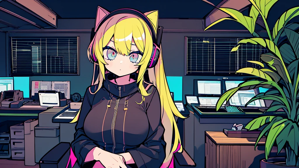 Best quality, (masterpiece:1.2), best detail face, 1 girl, big breasts, 18 yo, 8k,absurdres,unity 8k wall paper,(extremely detailed:1.3), highest realistic, (simple headphones:1.1), (soft neon light:1.1), (floating hair:1.2), (psychedelic:1.2), Her room full of music equipment and plants, Leaning back on the chair with a casual attitude, Light clothing in summer, dark color palette, blonde hair