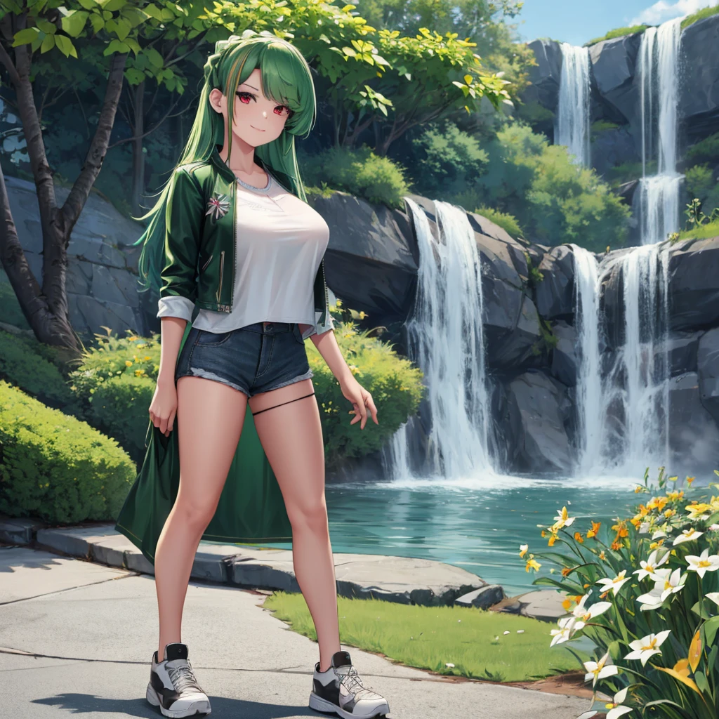 A woman wearing a long-sleeved green leather jacket, white shirt, black denim shorts, exposed thigh, casual sneakers, green hair, long hair, red bangs, multicolored hair, red eyes, walking on a concrete sidewalk in a park, waterfall background, smiling, big breasts, perfect face, very detailed eyes, ultra quality,(solo woman),.HDR, ultra resolution, well defined, masterpiece, 8K HD. (solo woman)
