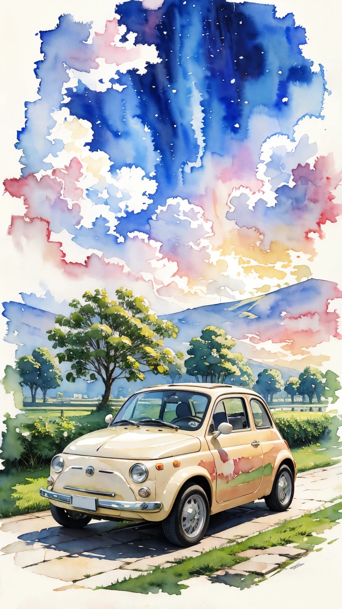 (masterpiece:1.2, Highest quality),(Very detailed),(((watercolor))),8K,wallpaper,Cream-colored Fiat 500,Fiat 500 running on Riverside Road,Night Sky,(((Ghibli style))),透明watercolor