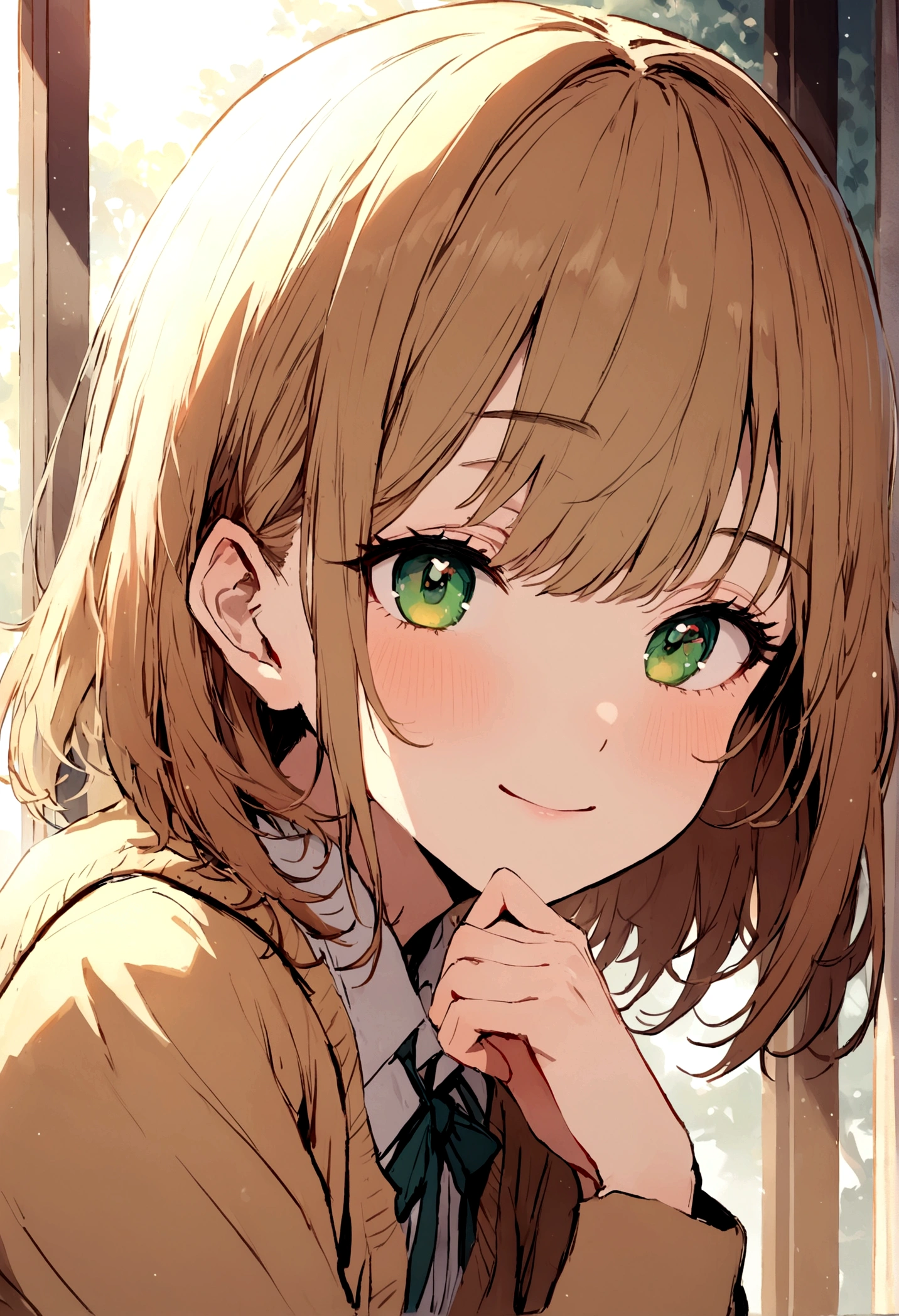 (masterpiece), best quality, beautiful detailed hair detailed face, ultra high res, sharp focus, ((1 young woman, solo)), (warm pastel color), high saturation, perfect feminine face, close-up, (at the morning time:1.5), in the school, ((beautiful shape eyes, green eyes)), chesnut brown har, short hair, smiles, (school uniform:1.2)