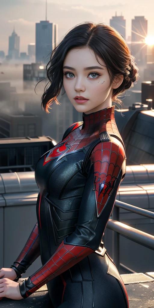 Enma stone lookalike,solo, (((Very detailed face)))), ((Very detailed eyes and face)))), Beautiful detail eyes, Body parts__, Official art, Unified 8k wallpaper, Super detailed, beautiful and beautiful, beautiful, masterpiece, best quality, original, masterpiece, super fine photo, best quality, super high resolution, realistic realism, sunlight, full body portrait, amazing beauty, dynamic pose, delicate face, vibrant eyes, (from the front), She wears Spider-Man suit, red and black color scheme, spider, very detailed city roof background, rooftop, overlooking the city, detailed face, detailed complex busy background, messy, gorgeous, milky white, highly detailed skin, realistic skin details, visible pores, clear focus, volumetric fog, 8k uhd, DSLR, high quality, film grain, fair skin, photo realism, lomography, futuristic dystopian megalopolis, translucent