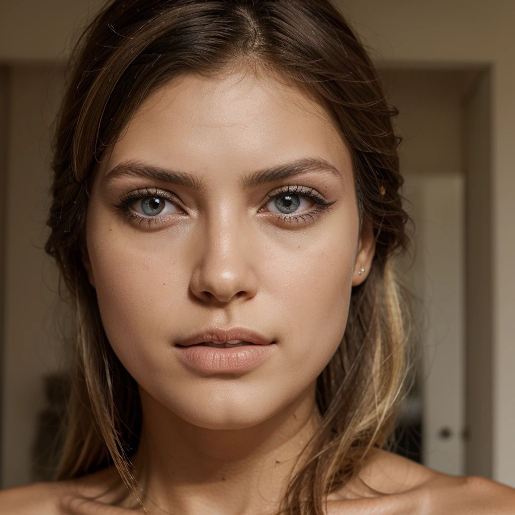 Yeux bleus clairs, hair with blonde highlights, slightly dark skin, South American origins, tanned