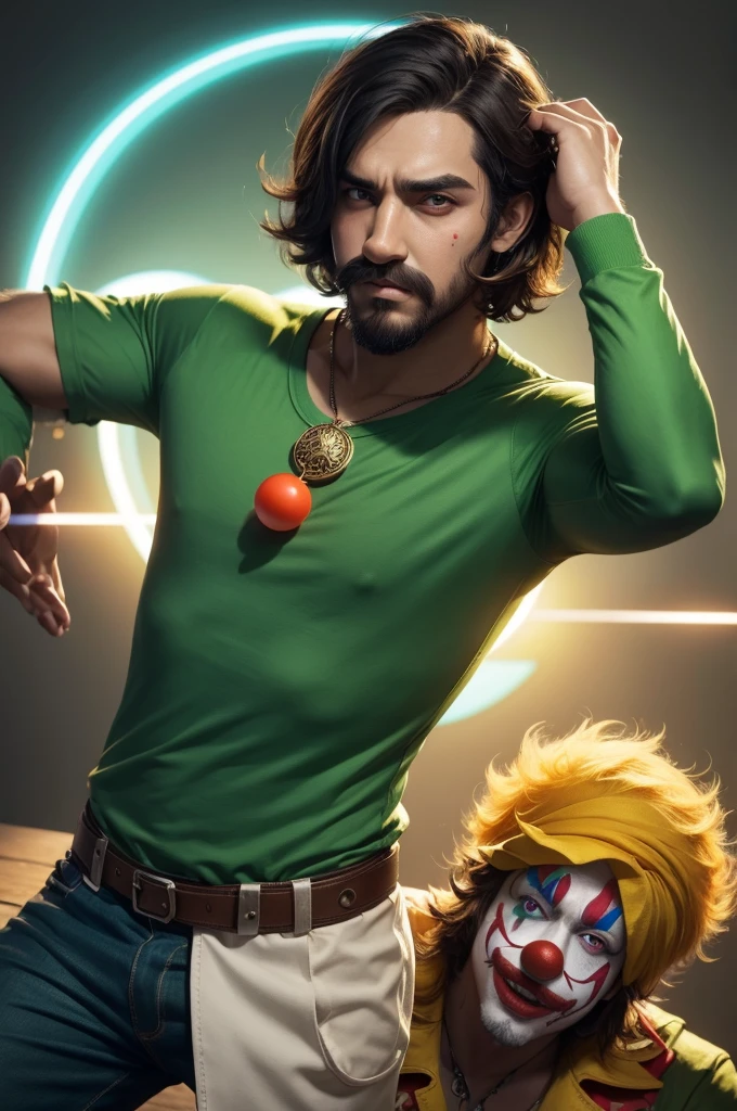 Personagen estilo game free fire, on his head he has a ghutra., clown face, light green shirt