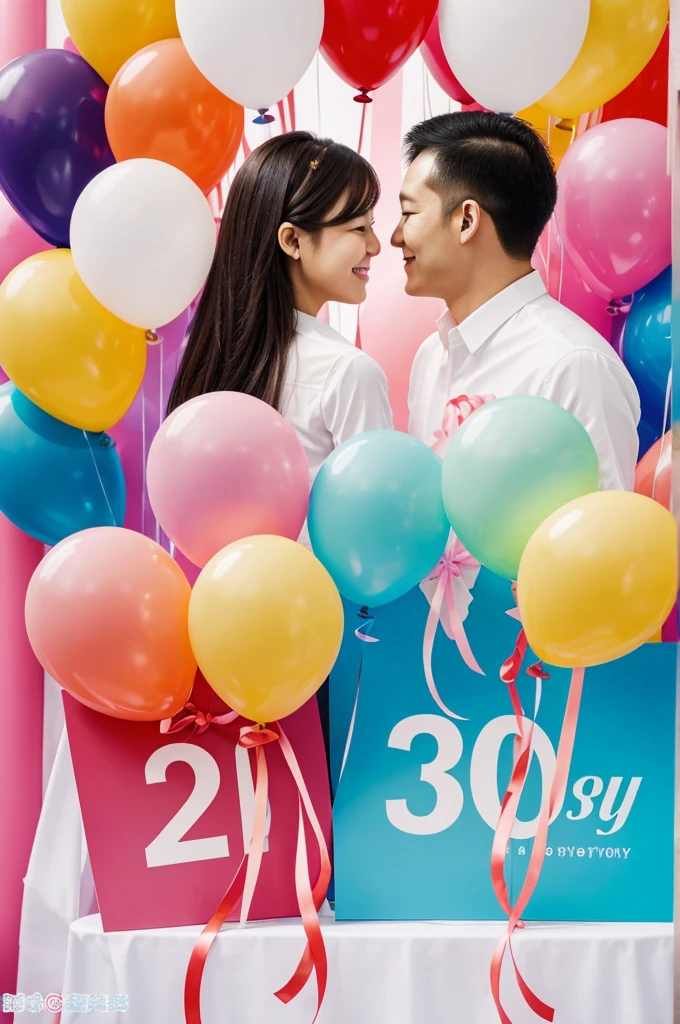 The background of an anniversary poster should be light-colored, simple and advanced, not cute but not too serious.,There can be celebration elements such as ribbons and balloons。