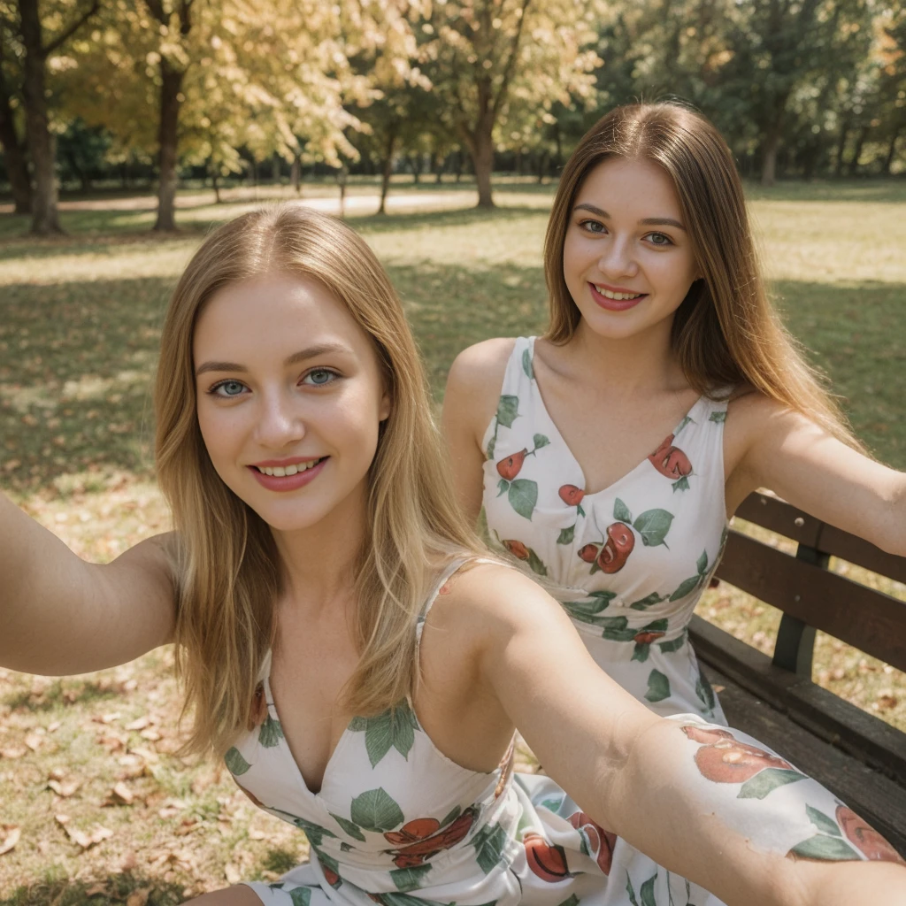 1girl, photorealistic, (((ugly face:1.5))), (((photorealistic))), (((raw photo in sequence))), (((natural lights))), (((detailed background))), (((26 to 35 years old))), (((upper body and upper legs))), (((detailed face))), photo_(wide), realistic, (((Caucasian woman))), (((long white blonde hair))), (((Caucasian nose))), (((Caucasian green eyes))), (((Caucasian face))), (((Caucasian lips))), (((sexy body))), (((wearing printed dress))), (((outdoor autumn photo))), slender, different poses, smiling, wide shot, upper body and upper legs shot, (((selfie shot))), (((white blond))), (((straight long hair))), ((sitting on bench))