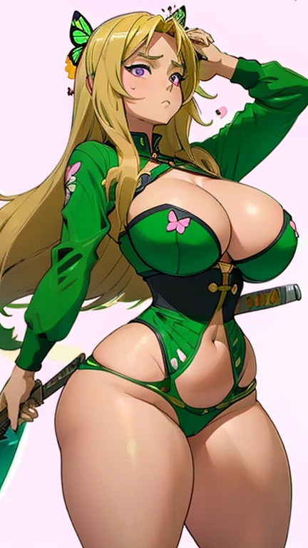 Anime girl, Kashino, kashino's hairstylebrownish-blonde hair, pink eyes, serious face, huge buson, gorgeous plump body, green Tight bustier, Green underwear, butterfly-knife in hand, Dynamic action pose,