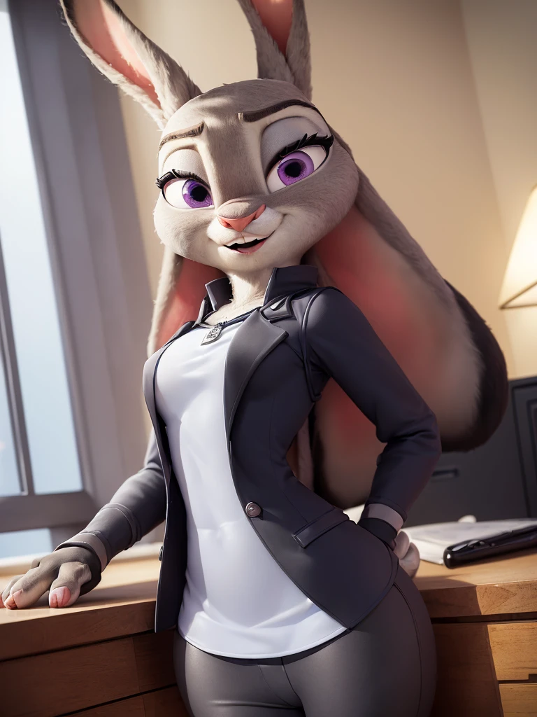 best quality,
masterpiece,
super detail,
3D CG,
Pixar,
Portrait,
(solo:1.5),
(1Lady:1.5),
furry,
fine coat,
7 head and body,
(Model is JudyHopps:1.4),
(long ears like a rabbit:0.8),
purple eyes,
(straight hair:1.5),
(see-through bangs:1.3),
wispy bangs,
proportion is NamiFinal, 
office lady,
office suit,
((White blouse)),
((Black blazer jacket)),
((Black pants suit)),
(clothes made of cotton:1.5),
facial expression is enjoy,
(body is made of wool fabric:1.3),
(body is gray with fluffy and fluffy:1.3),
(skin is wool fabric with fluffy and fluffy:1.3),