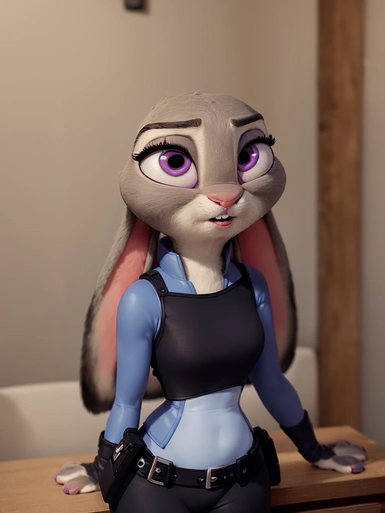 best quality,
masterpiece,
super detail,
3D CG,
Pixar,
Portrait,
(solo:1.5),
(1Lady:1.5),
furry,
fine coat,
7 head and body,
(Model is JudyHopps:1.4),
(long ears like a rabbit:0.8),
purple eyes,
(straight hair:1.5),
(see-through bangs:1.3),
wispy bangs,
proportion is NamiFinal, 
office lady,
office suit,
((White blouse)),
((Black blazer jacket)),
((Black pants suit)),
(clothes made of cotton:1.5),
facial expression is enjoy,
(body is made of wool fabric:1.3),
(body is gray with fluffy and fluffy:1.3),
(skin is wool fabric with fluffy and fluffy:1.3),