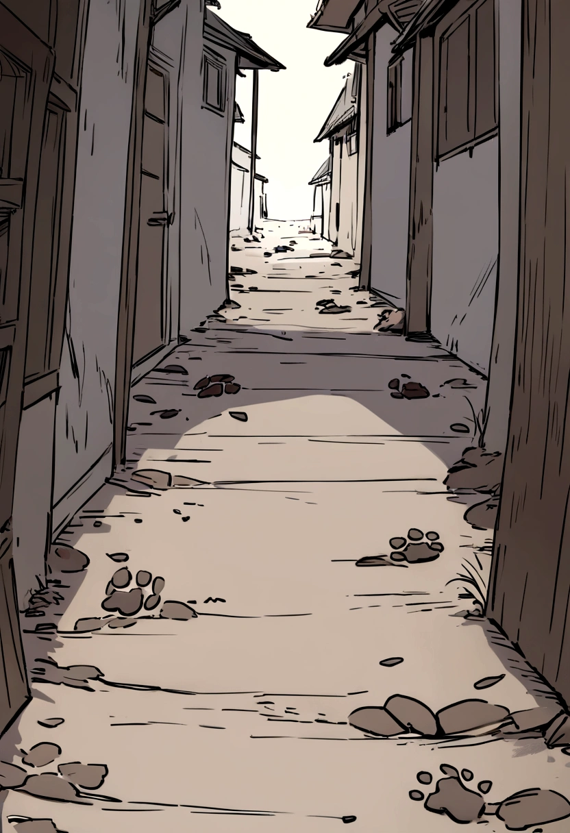 A detailed view of small, muddy cat paw prints trailing off into the distance. The scene includes subtle hints of mystery, such as scattered feathers and a piece of a mouse tail. The background suggests a path leading towards a hidden secret or clue.
---
Style: Cartoon, with a close-up focus on the footprints
Details: Emphasize the texture and depth of the muddy paw prints. Use subtle hints of the surrounding environment to create a sense of a trail leading to an intriguing destination.
