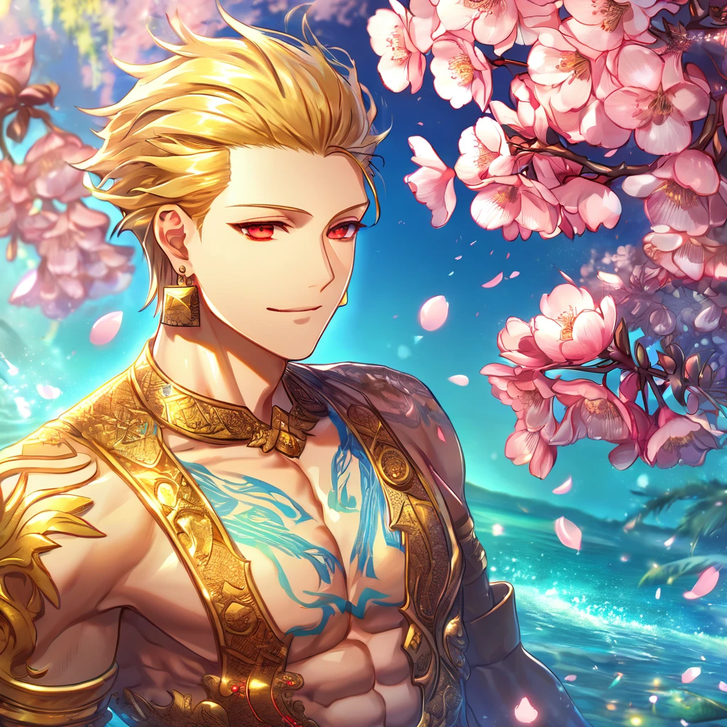 Ultra detailed, highres, absurdres, HDR, master piece, Gilgamesh, blond hair, slicked back hair, expressivee red eyes, bare chest, Fate Grand Order, fantasy, pink petals, water, pink flowers, handsome, sexy man, solo, best quality, blossoms, blue shining fireflies, handsome smile, 1 man only, red tattoo on his chest, toned chest, golden earrings, golden jewelry