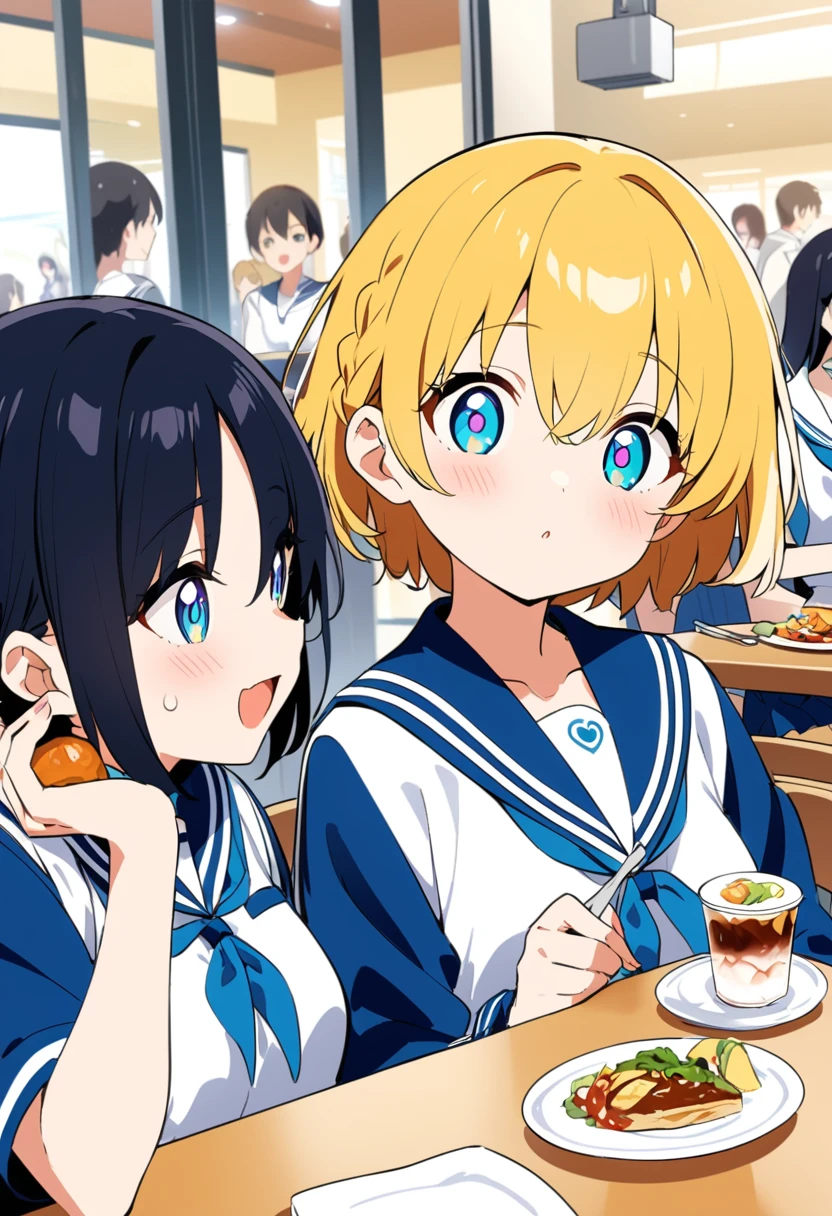 You are a professional illustrator。Please carefully check and draw the illustration according to the following conditions.。High school students enjoying their lunch in a crowded cafeteria、Delicate and beautiful anime face、Clear Eyes、Sailor suit、Braided short hair、