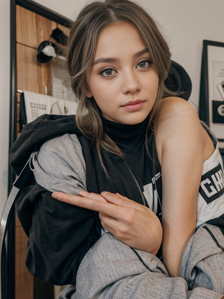 The girl has a beautiful grey eyes, she looks at the viewer