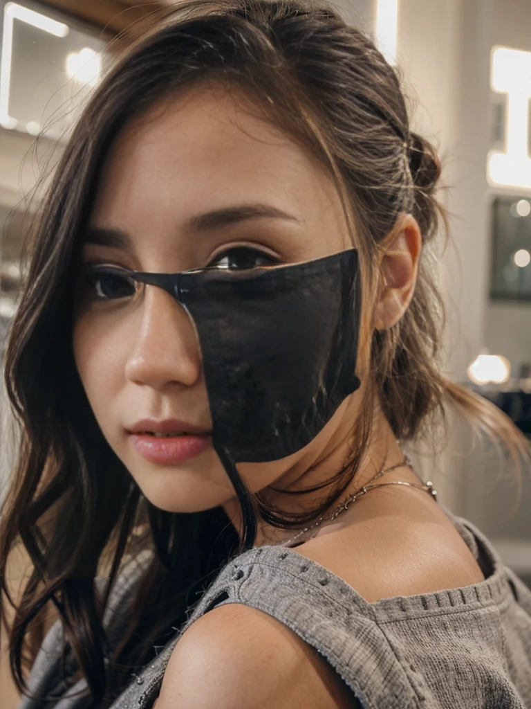 The girl has a beautiful grey eyes, she looks at the viewer