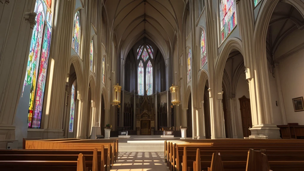 a beautiful gothic cathedral, intricate stained glass windows, sunlight streaming through, ornate architecture, towering arches, cobblestone floor, pews, candles flickering, rays of light, mysterious atmosphere, (best quality,4k,8k,highres,masterpiece:1.2),ultra-detailed,(realistic,photorealistic,photo-realistic:1.37),cathedral,church,interior,gothic,stained glass,sunlight,architecture,cobblestone,pews,candles,lighting,atmosphere