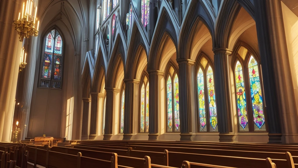 a beautiful gothic cathedral, intricate stained glass windows, sunlight streaming through, ornate architecture, towering arches, cobblestone floor, pews, candles flickering, rays of light, mysterious atmosphere, (best quality,4k,8k,highres,masterpiece:1.2),ultra-detailed,(realistic,photorealistic,photo-realistic:1.37),cathedral,church,interior,gothic,stained glass,sunlight,architecture,cobblestone,pews,candles,lighting,atmosphere