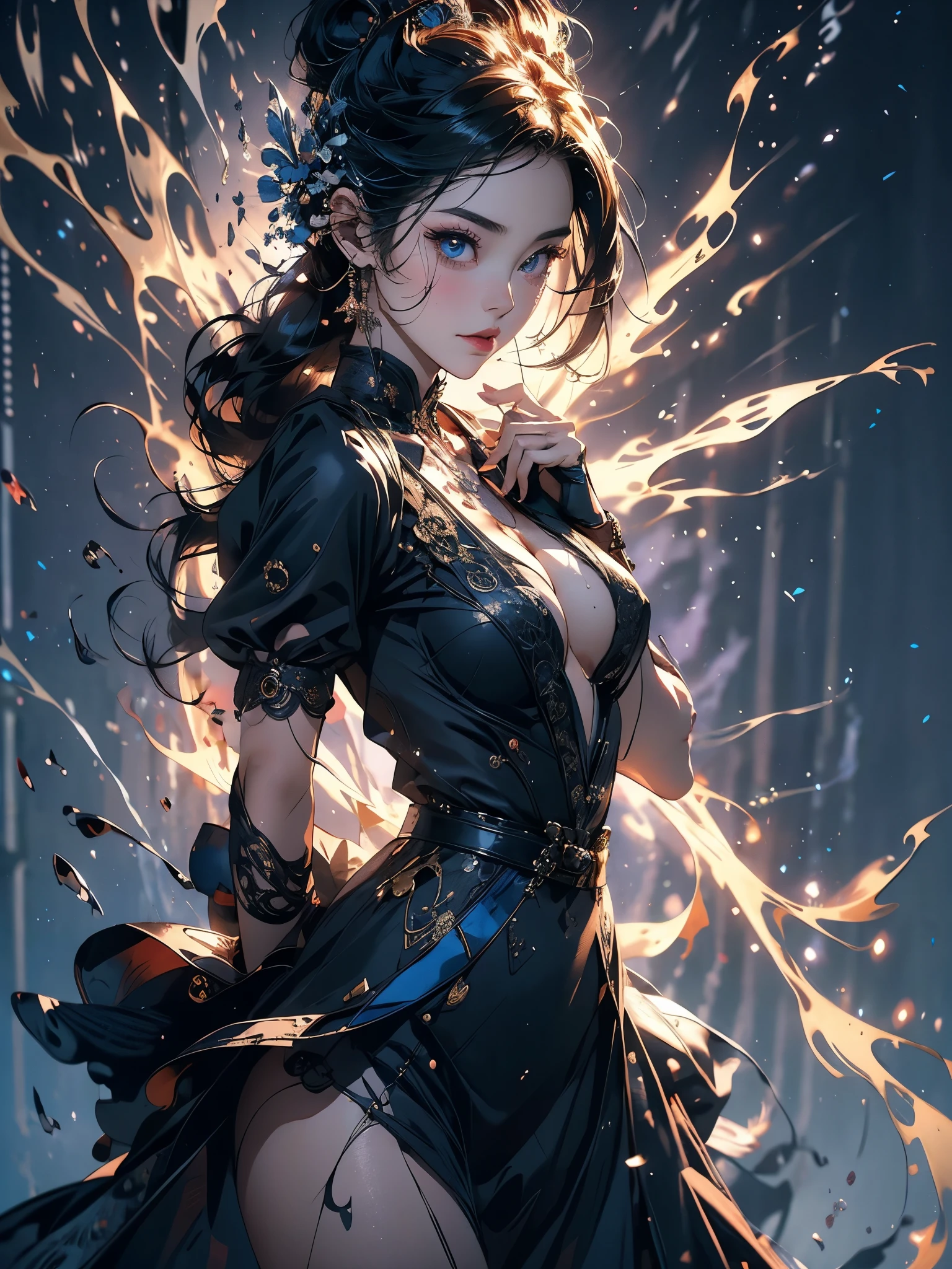 korean,realisitic, work of art, Final detail, photo realisitic, intricate-detail, octane rendering, 8K, 1 girl, fully body, face perfect, beautiful face, NSWF, reference, detail hair,, black 弓, black mitts, black legs, blue colored eyes, hair blue, 弓, clavicle, don, pierce hair, volantes, volantes, mitts, gwen, headdon, high resolution, long hair, parted lips, puff sleeves, purples eyes, ssmile, standing alone, white don, greasy skin,