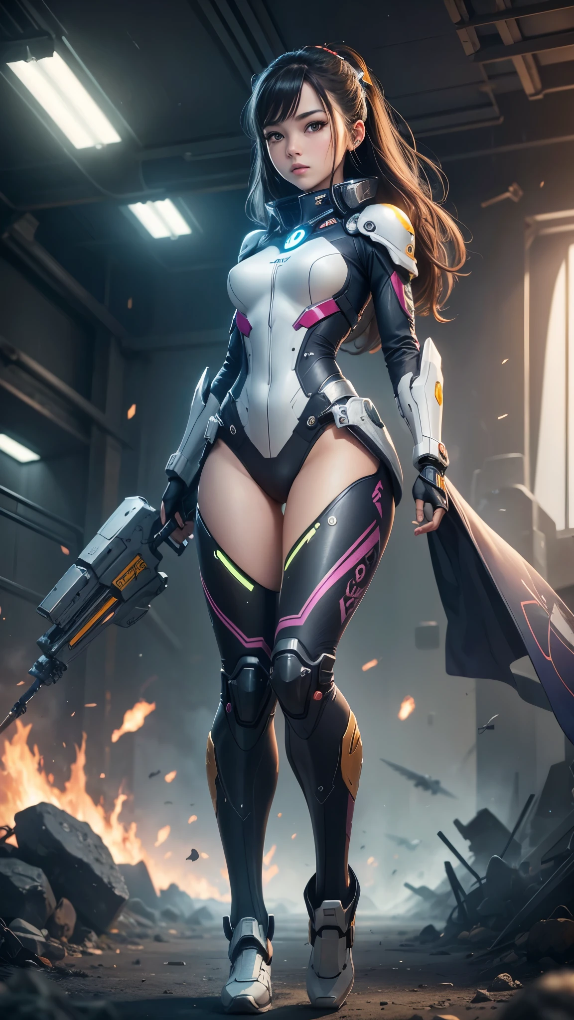 a girl wearing mecha cyber armor,technology bodysuit,smart lines in the costume, thick thighs,cleavage,tech boots,tech gloves,(mechanized valkyrie girl),full body,high heels,intricate details,hyper realistic,8k,award winning,cinematic lighting,dynamic pose,dramatic colors,complex patterns,futuristic,cyberpunk,chiaroscuro lighting,highly detailed,photorealistic,unreal engine,volumetric fog,advanced rendering, technology pistol in hands shining.