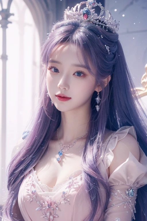 There was a woman in a pink dress,Wearing a necklace,((a beautiful fantasy empress).inspired by Sim Sa-jeong,Azure.detailed hairs,winter princess,LCE Princess,Guvez-Steville artwork,8K)),fantasy aesthetic!.Guviz,Ice Queen,8k high-quality detailed art, Throne, princess crown, beautiful smile,
