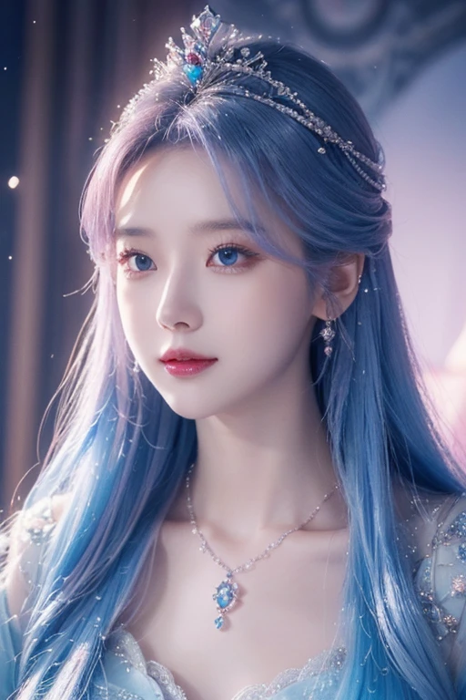There was a woman in a pink dress,Wearing a necklace,((a beautiful fantasy empress).inspired by Sim Sa-jeong,Azure.detailed hairs,winter princess,LCE Princess,Guvez-Steville artwork,8K)),fantasy aesthetic!.Guviz,Ice Queen,8k high-quality detailed art, Throne, princess crown, beautiful smile,