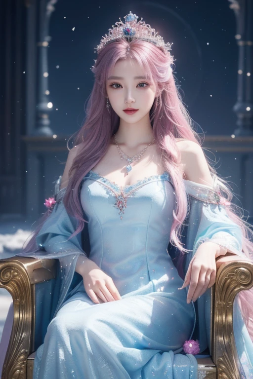 There was a woman in a pink dress，Wearing a necklace,((a beautiful fantasy empress).inspired by Sim Sa-jeong，Azure.detailed hairs,winter princess,LCE Princess,Guvez-Steville artwork,8K)),fantasy aesthetic!.Guviz,Ice Queen,8k high-quality detailed art, Throne, princess crown, beautiful smile, 