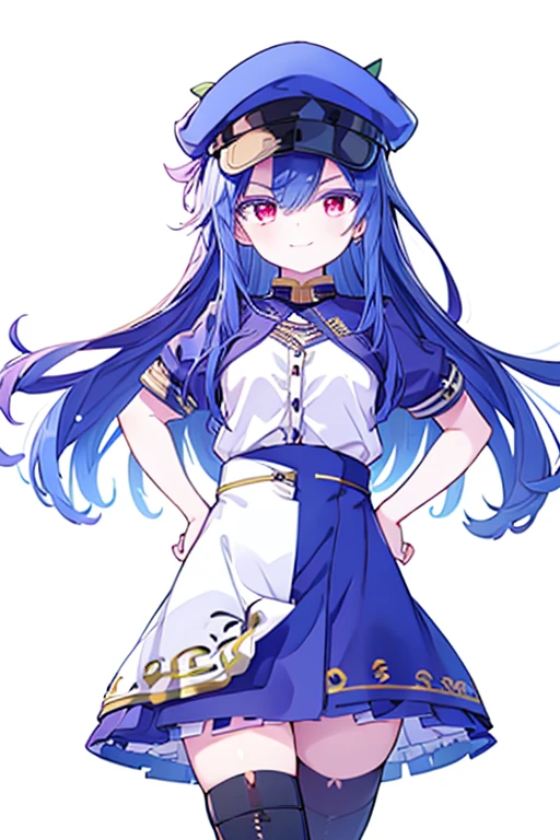 (masterpiece),best quality, perfect face, 1girl, evil smile, hands on waist, beautiful, blue hair, blue hair, floating clothes, waist grab, grabbing waist, red eyes, hands on hips, legs on ground, flat chest, military suit, uniform, miniskirt, black leather thigh boot, leather gloves, white background, military uniform, military, looking at the viewer, military hat