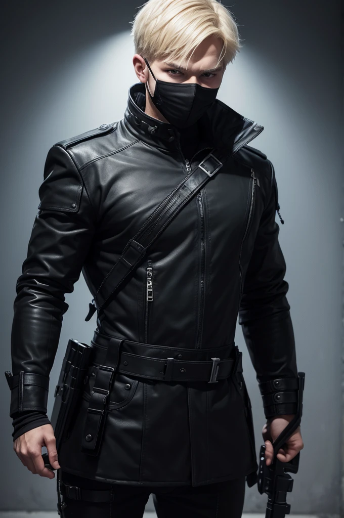 a Russian man, short hair blonde, with black clothes and black mask, with weapons
