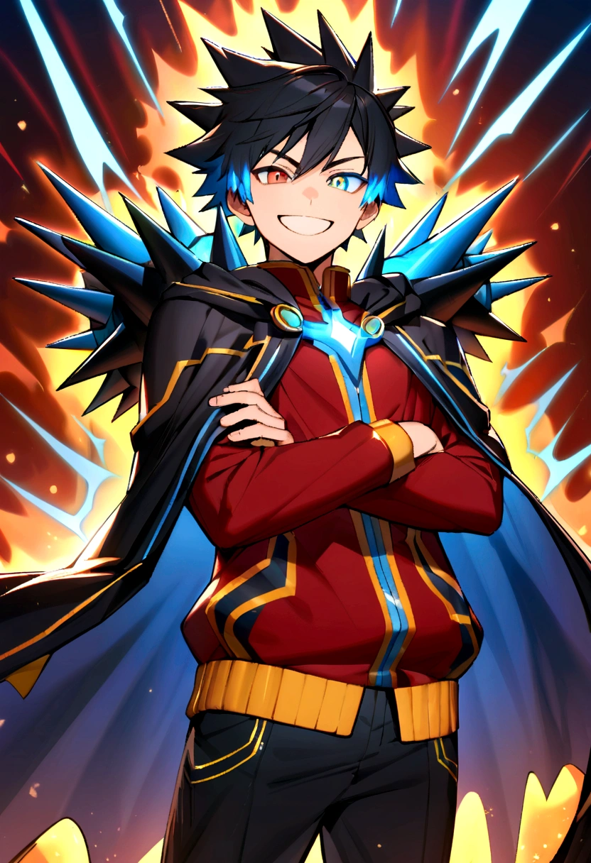 Teenage boy, crossed arms, big spiky black hair with blue highlights, dark blue and brown heterochromatic eye, smile of excitement, dark red shirt with wing details, Loose and large black cape-shaped jacket with light blue details, black pants with yellow details, red sneakers with blue details, lot of details, aura of blue lightning across the body