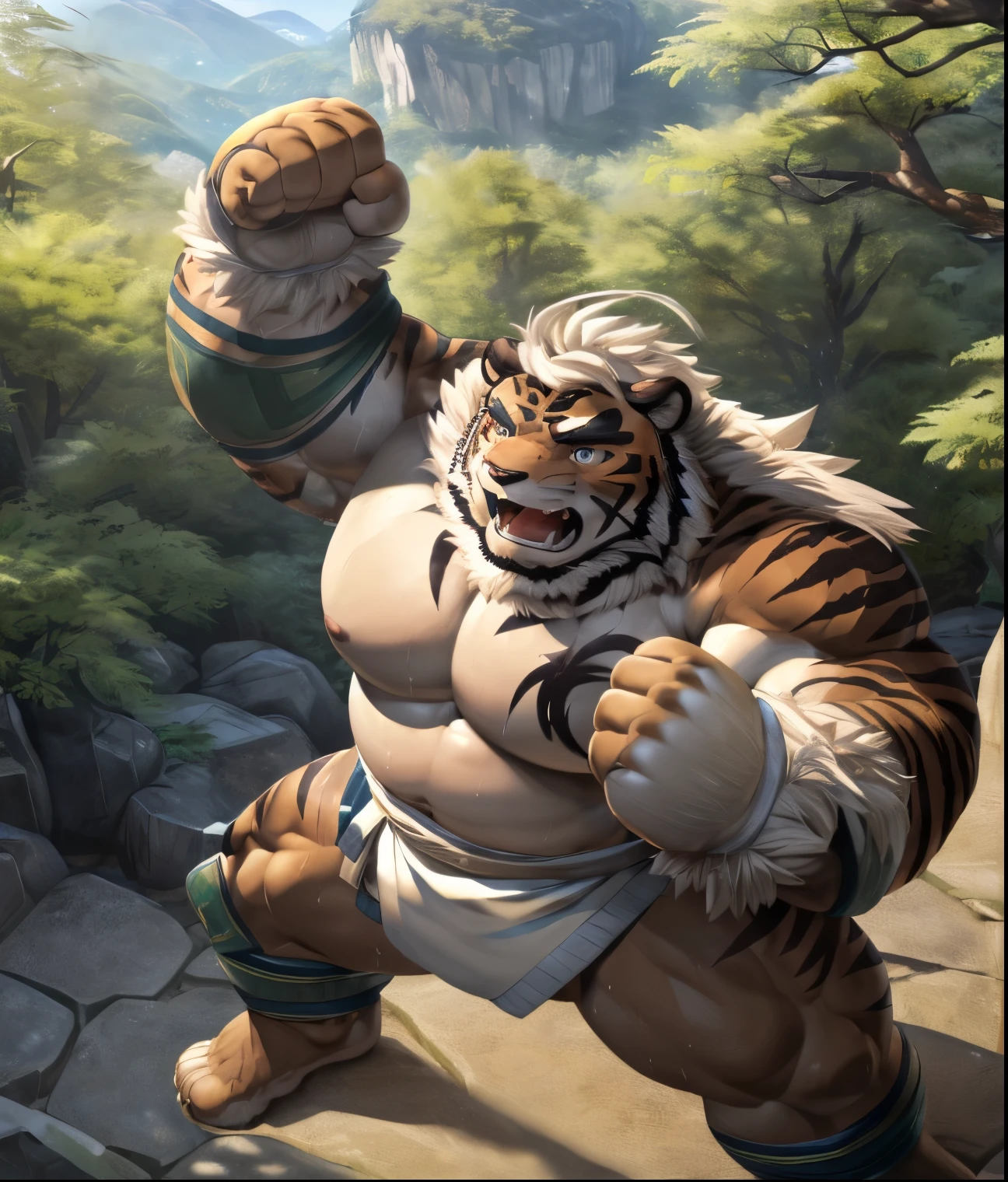 ((hombretigre: 1.3), solo, (soft shading), 4k, hi res, ((detailed face, detailed eyes, detailed)), (full body), by zackarry911, by zaush, muscular, muscular male, bara, (plump), pose, gray eyes, male focus, nipples, thighs, stomach, bare pectorals, big belly predomination, athletic body ((correct anatomy: 1.3)), muscle gut, overweight, big belly predomination, high-angle view, by milkytiger1145, by 96panda, cosplaying as a monk, martial arts stance, detailed eyes, detailed face, detailed hands, detailed fists, detailed feet, muscular legs, mountain background, standing in front of trees, training with martial arts, fighting stance, fierce facial expression, smiling, mouth open, sweaty,  (masterpiece)，(Very detailed)，(best quality)，Gray pupil，(Japan samurai costume)，((expression))，8k，(high quality)，(Ultra HD)，(Ultra Detailed), fist, detailed hands, detailed fingers, detailed fist, 