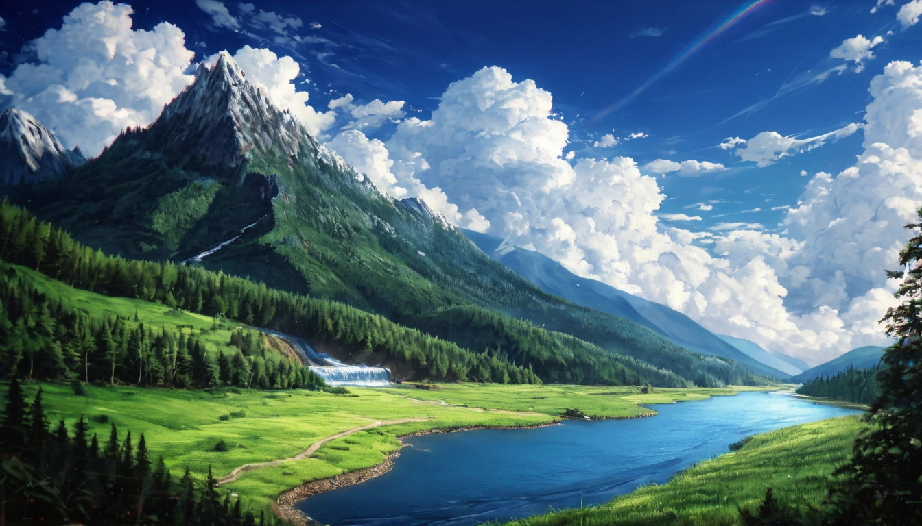 masterpiece, 最high quality, high quality, Very detailedな CG ユニティ 8k 壁紙, landscape, Outdoor, null, cloud, null, No humans, Mountain, landscape, water, wood, blue null, waterfall, cliff, nature, lake, river , cloudy skies, Award-winning photography, Bokeh, Depth of written boundary, High resolution, bloom, chromatic aberration, Photorealism, Very detailed, Trending on Art Station, Trending on CGSociety, complicated, High detail, dramatic, Art on the road