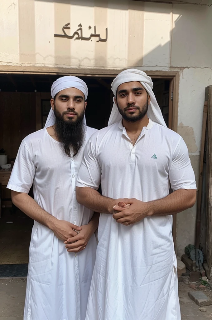 a 25 year old Arab man, 80 kg fat body, thin and short beard, wearing white Muslim clothes, wearing a sarong, wearing a white cap, on his shoulders is a typical Palestinian turban. He is standing with a 25 year old Yemeni man with a thin and short beard wearing a shirt. Muslim and white peci, the two of them are standing in front of the goat farm, "NIO FARM", the writing is very clear, detailed and spelled correctly. full hd 70k