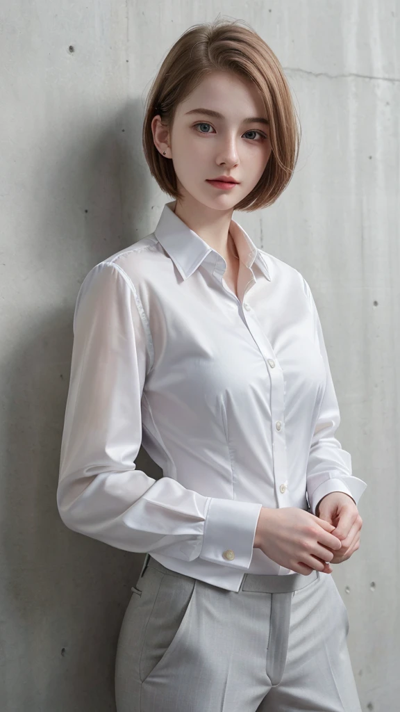 ((best quality)), photorealistic, photorealism, Photorealistic, high resolution, Beautiful, Baby Face, 20 Years Old, White Skin, pale skin, Combat pose, ((Detailed face)), short hair, ((wearing business suit, shirt, formal suit)), Fingers are occluded, ((detailed fingers)), concrete wall background, front angle, half body close up