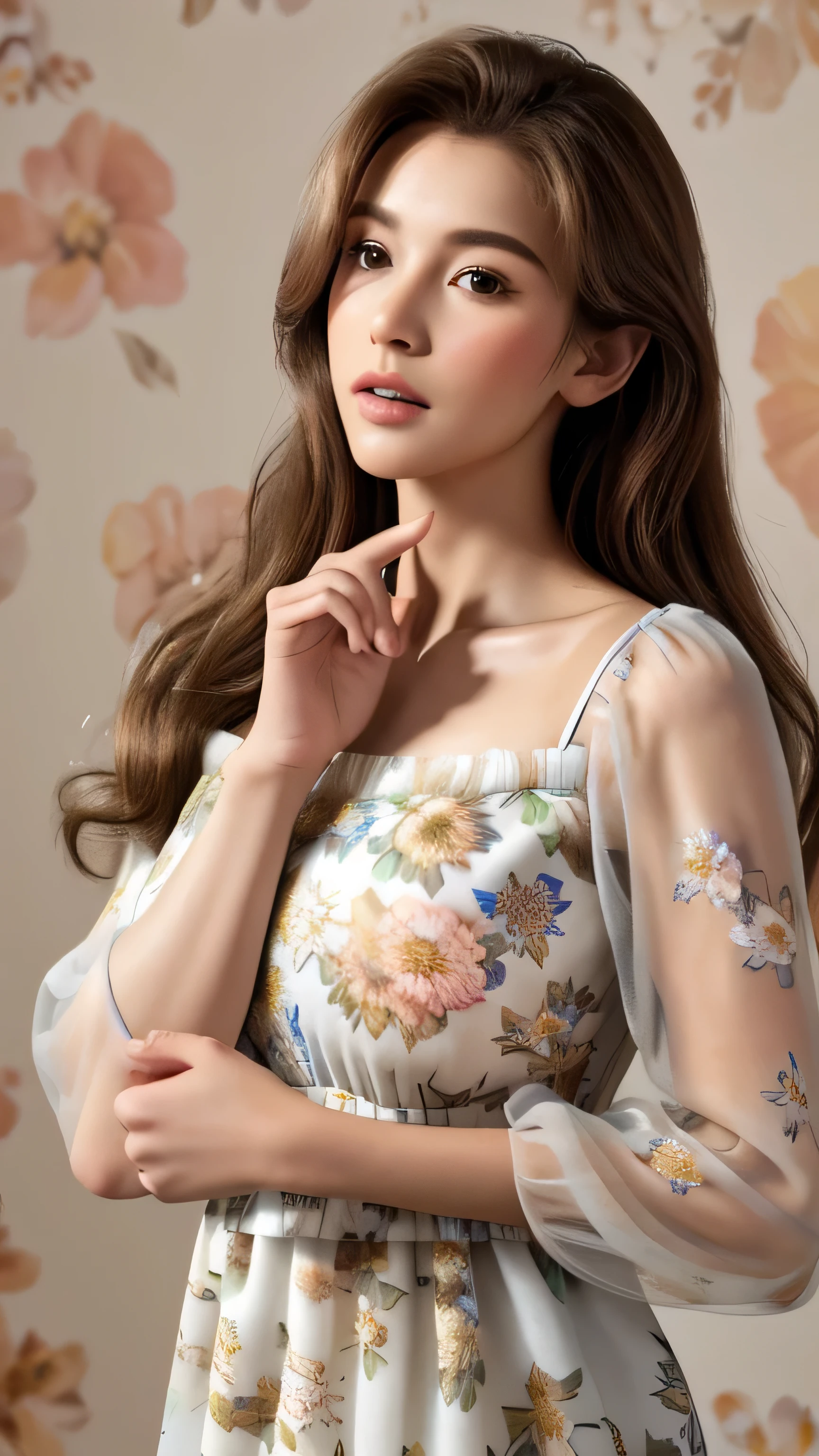 masterpiece, Highest quality, Realistic, Super detailed, In detail, High resolution, 8k wallpaper, One beautiful woman, Light brown hair, Sharp focus, Perfect dynamic composition, Beautiful attention to detail, Fine hair, Detailed and realistic skin texture, Portraiture, Model Body Type,((wearing Big floral mini dress:1.3))((Place your left hand gently on your chin,right hand holding chest:1.3)),