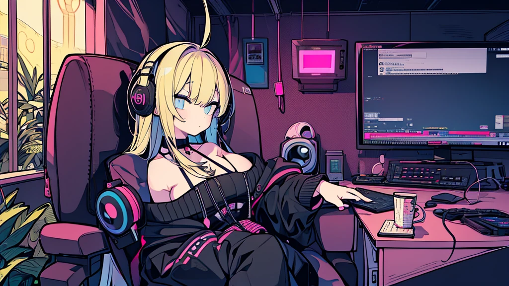 Best quality, (masterpiece:1.2), best detail face, 1 girl, big breasts, 18 yo, 8k,absurdres,unity 8k wall paper,(extremely detailed:1.3), highest realistic, (simple headphones:1.1), (soft neon light:1.1), (floating hair:1.2), (psychedelic:1.2), Her room full of music equipment and plants, Leaning back on the chair with a casual attitude, Light clothing in summer, dark color palette, blonde mesh hair