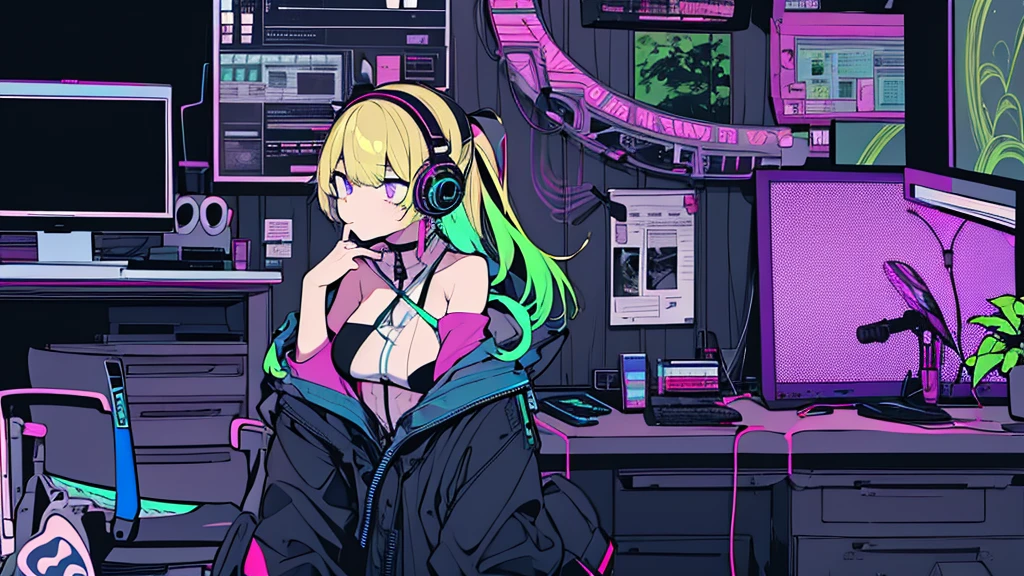 Best quality, (masterpiece:1.2), best detail face, 1 girl, big breasts, 18 yo, 8k,absurdres,unity 8k wall paper,(extremely detailed:1.3), highest realistic, (simple headphones:1.1), (soft neon light:1.1), (floating hair:1.2), (psychedelic:1.2), Her room full of music equipment and plants, Leaning back on the chair with a casual attitude, Light clothing in summer, dark color palette, blonde mesh hair