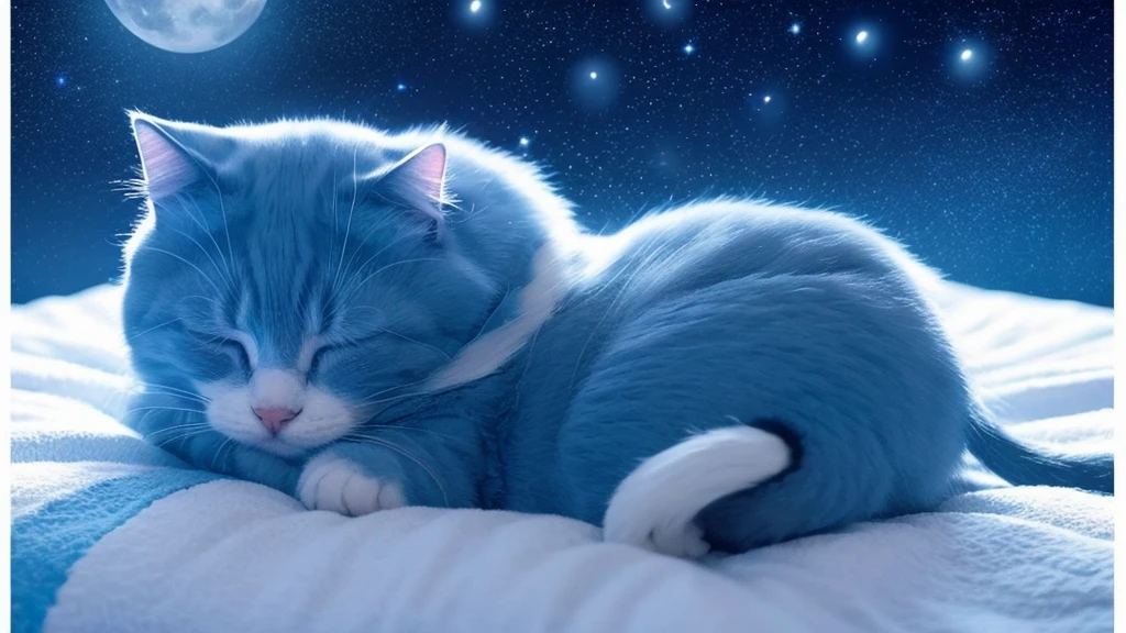 Prompt (Japanese): "Calm moonlit night、Soft clouds and stars、A calming blue palette、Silhouette of a cute animal cat sleeping under a blanket。" Negative Prompt (Japanese): "strong lines、Bright colors、No busy background。"