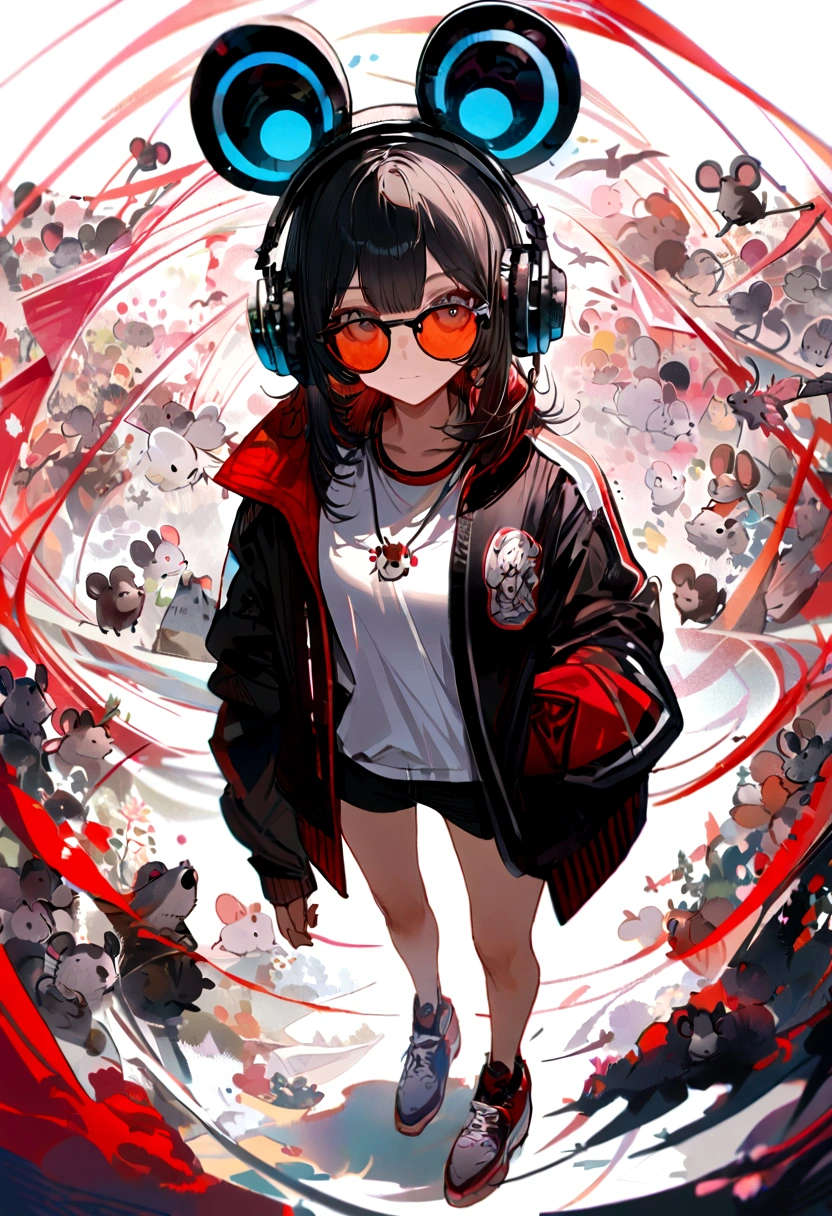 Perfect centering, Cute mouse, Wear a student team jacket, Wearing sunglasses, Wearing headphones, cheerfulness, Standing position, Abstract beauty, Centered, Looking at the camera, Facing the camera, nearing perfection, Dynamic, Highly detailed, smooth, Sharp focus, 8K, high definition resolution, illustration, Art by Carne Griffiths and Wadim Kashin, White background