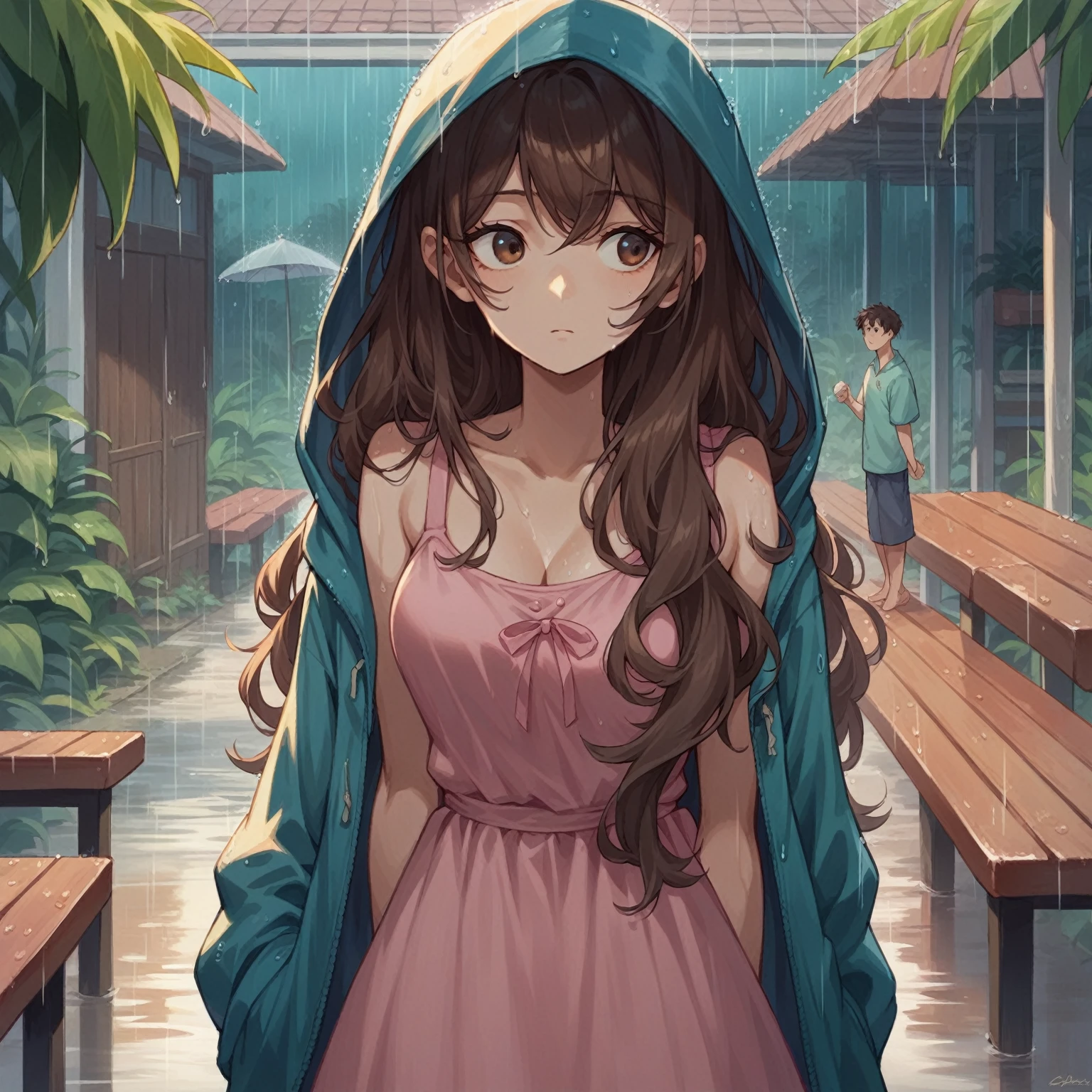 Best quality, masterpiece, very long brown hair, brown eyes, swept bangs, pink sundress, looking to the side, teal hoodie, rain, tropical 
