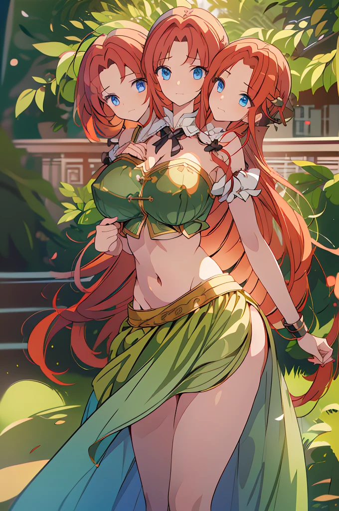 (masterpiece, best quality),best quality, (ultra-detailed), (3heads:1.5), 1girl, (ultra-detailed), (3heads:1.5), 1girl, (hong meiling:1.3), masterpiece, (best quality:1.5, highres, UHD), highres, absurdo, ultra detail, ultra quality, Ultra resolution, green top, crop top, ((stomach)), midriff, ((groin)), green skirt, miniskirt, normal ears, shackles, (red hair), very long hair, wavy hair, sidelocks, blue eyes, parted lips, midriff, sweat, cute, toned belly, hand on own chest, eyelashes, (24 year old woman:1.3), (masterpiece:1.5), (best quality:1.5), (beautiful detailed), extremely detailed CG, extremely delicate and beautiful, depth of field, (finely detailed face), (perfect details:1.2), (mature female:1.3), wide pelvis, slender, large veiny breast, 16k resolution, high quality, high definition, extremely detailed, masterpiece, (red hair), long hair, (same hair color), alluring presence, twin braid, short skirt, close up, very big tits, huge tits, young, striped, green beret, hair ornament, chinese clothes, star hat ornament, open belly, nsfw,
